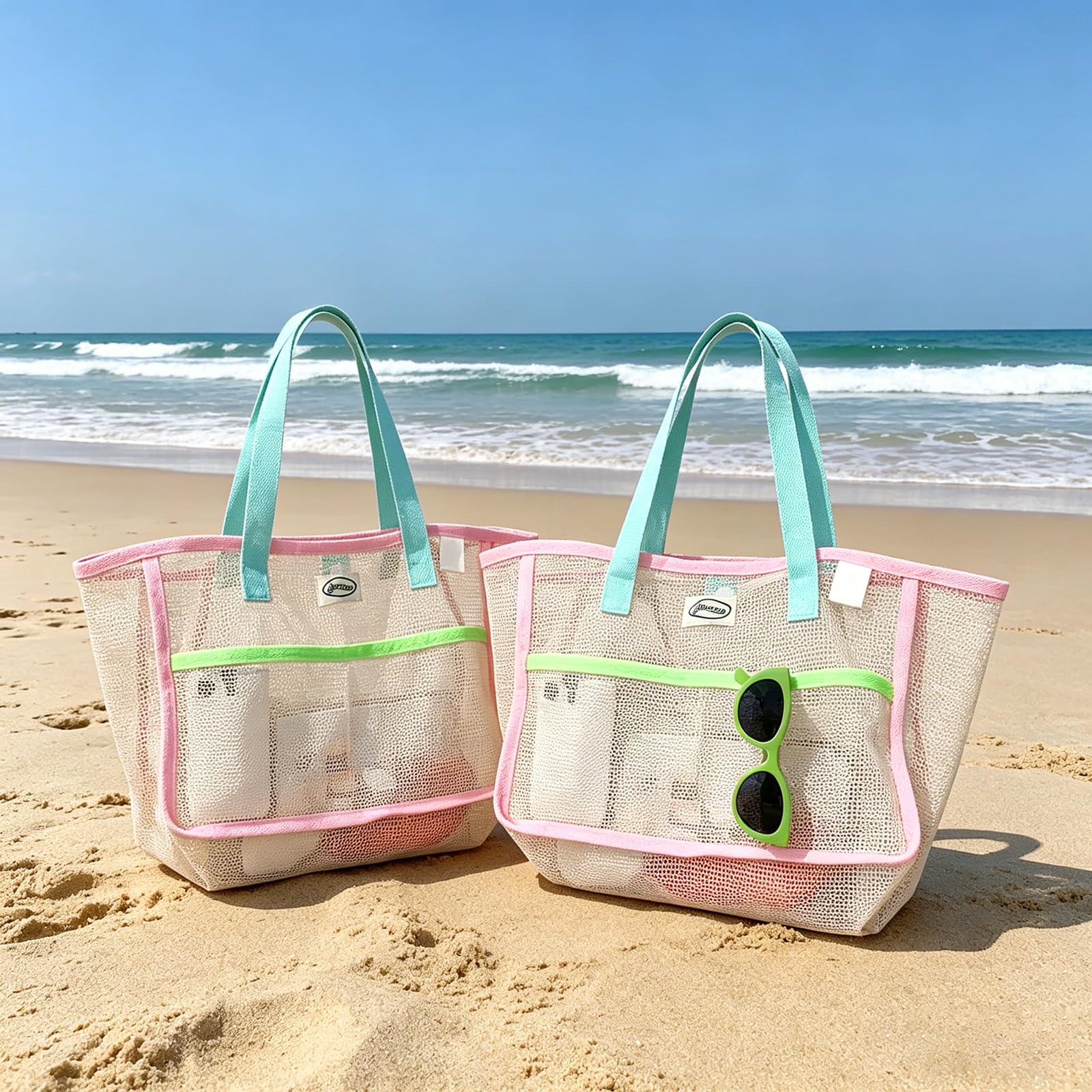 Mesh Net Bag - حقائب شاطئ نسائية ملونة قابلة للطي،